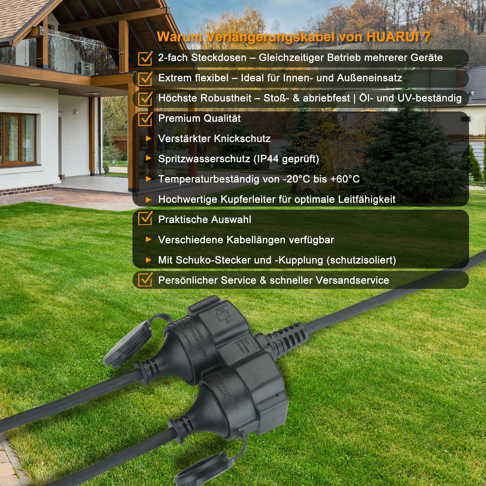 Cavo di prolunga per esterni, 15 m, con 2 prese Schuko, doppia prolunga in gomma, 3500 W, con tappo di protezione per esterni, IP44, cavo di alimentazione H05RR-F 3G1,5 mm² con doppia presa, 16 A/250