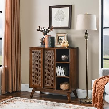 32" Mid Century Rattan Pantry Storage Cabinet, Kitchen Pantry Cabinets with Solid Wood Feet, Versatile Cabinets with Adjustable Shelves for Living Room Kitchen, Walnut
