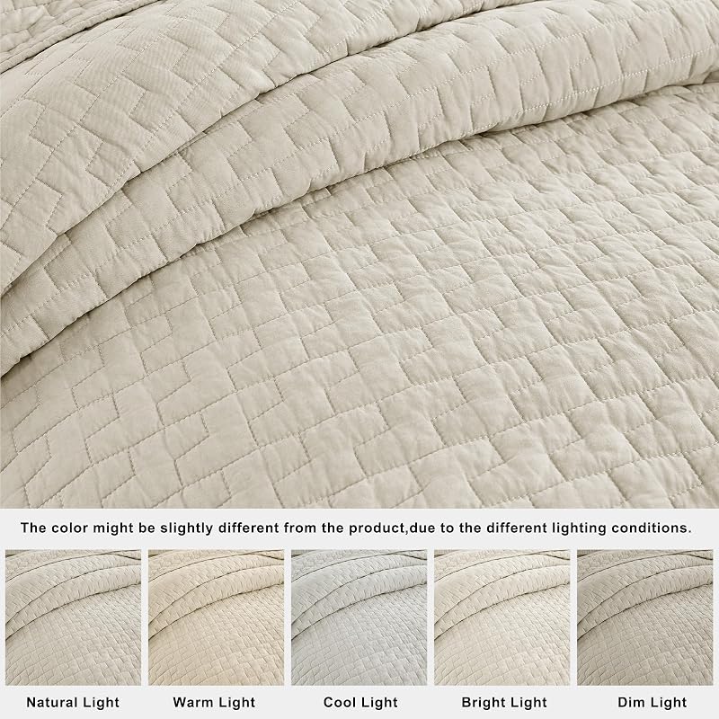 palassio Beige 100% Cotton Quilt Queen Size Bedding Sets with 2 Pillow Shams, Textured Lightweight Soft Bedspread Shabby Chic Coverlet, Neutral Quilted Comforter Bed Cover for All Season, 3 Pieces image 2
