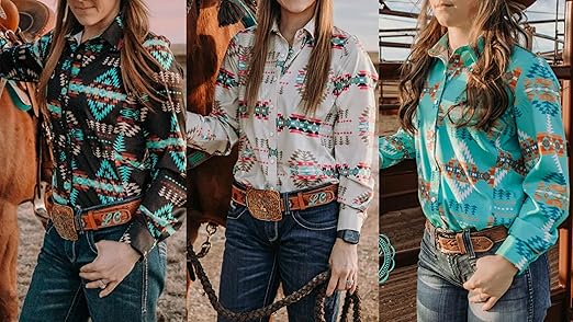 ChiyeeKiss Womens Aztec Pearl Snap Shirts Rodeo Western Show Tops