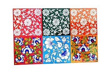 Shiv Kripa Blue Pottery Home Decor Tile Ceramic High Lighter Wall Bathroom Tiles 6 x 6 Inch Set of 6 Tiles (Multi)