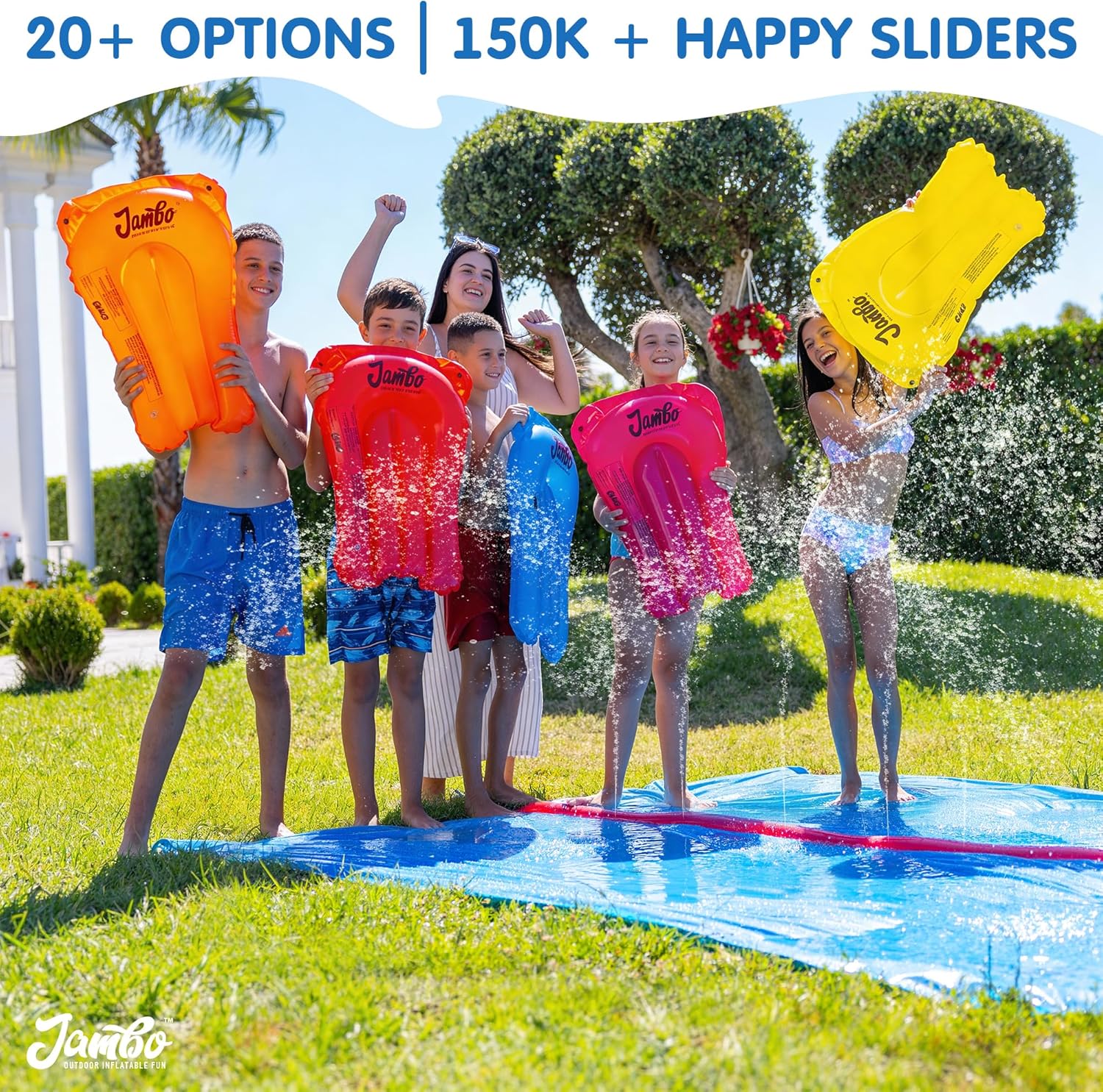 JAMBO 50FT x 8FT Huge Mega Slip Splash and Slide, Heavy Duty Lawn Water Slide, Extra Long Tarp Splash Mat, Big Backyard Waterslide, Outdoor Water Toys, Water Slide