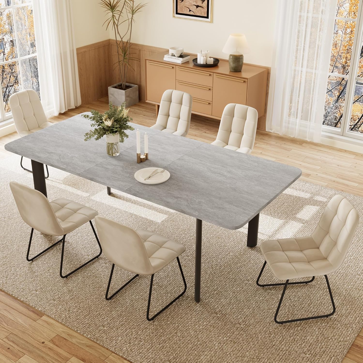 JIEXI Dining Table with 4-8 Chairs Set Extendable Dining Set Modern Stylish MDF Panels Dining Table for the Living Room 160-200 cm Grey Table + 6 Beige Chairs - B