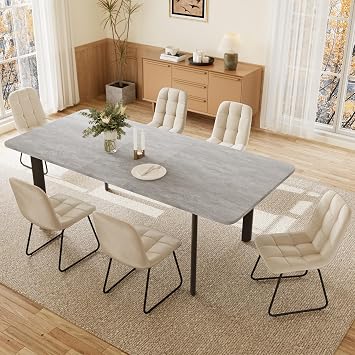 JIEXI Dining Table with 4-8 Chairs Set Extendable Dining Set Modern Stylish MDF Panels Dining Table for the Living Room (160-200 cm Grey Table + 6 Beige Chairs - B)