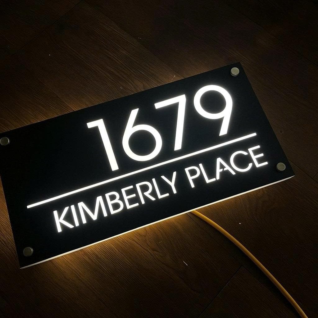 Custom Backlit LED House Number Sign Outside, Modern Illuminated Address Plaque for Home, Personalized Lighted Sign Door - Waterproof