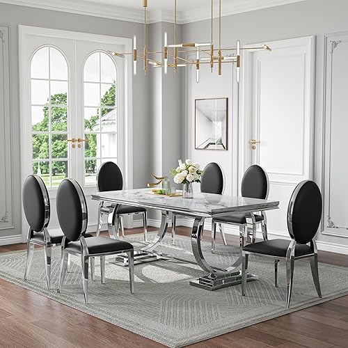 Miniatura 25 de Juego de mesa de comedor de mármol sintético de 70 pulgadas para 6, mesa de cocina grande y sillas de cuero sintético blanco, mesas de comedor Plata