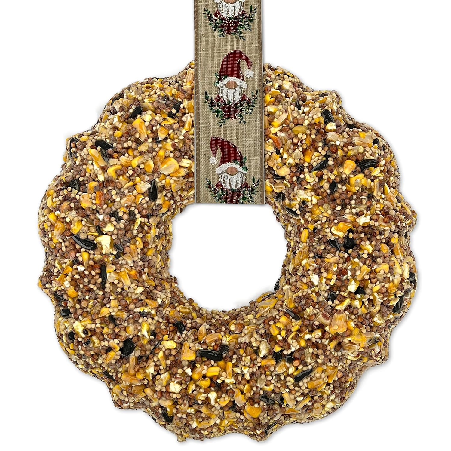 Brian's Birdseed Wreaths - Handmade Bird Feeder Gift for Bird Lovers | Attracts Cardinals, Blue Jays & Finches (Christmas Gnomes Ribbon)