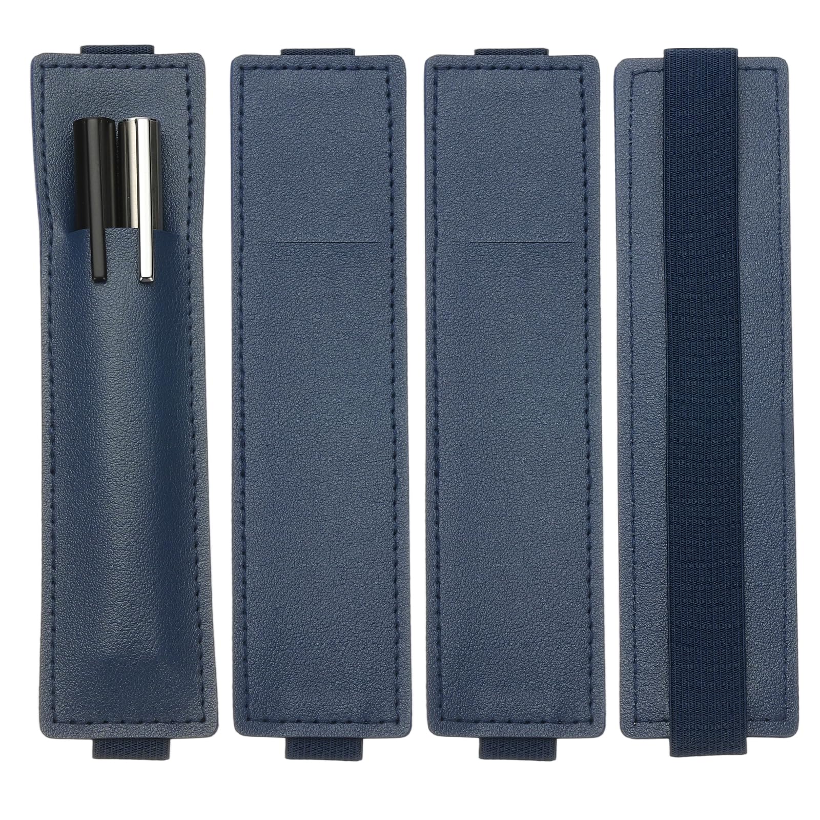 PATIKIL 4Pcs Elastic Notebook Pen Holder, Adjustable Hold 2 Pen Holder PU Leather Pencil Sleeve Pouch for Journal Clipboard Planner Books, Dark Blue