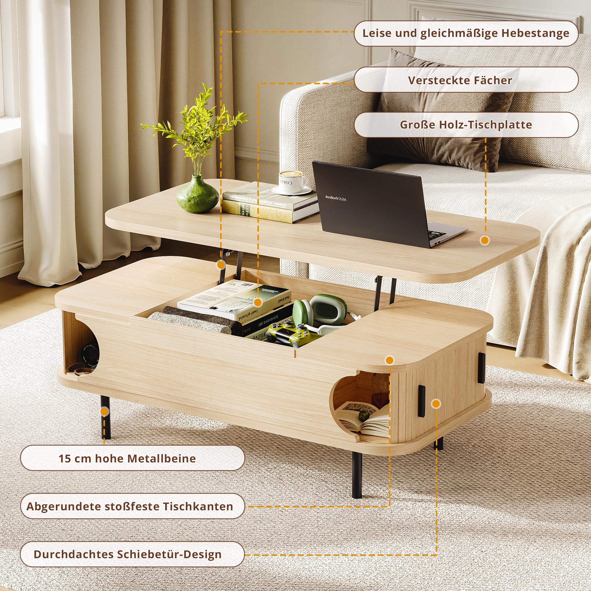 IRONCK Couchtisch höhenverstellbar, Wohnzimmertisch mit Stauraum, Holz Kaffeetisch mit Schiebetüren, verstecktes Fach, offenes Fach, für kleine Räume, Wohnzimmer, Homeoffice, 101x51x52cm, Eiche Hell