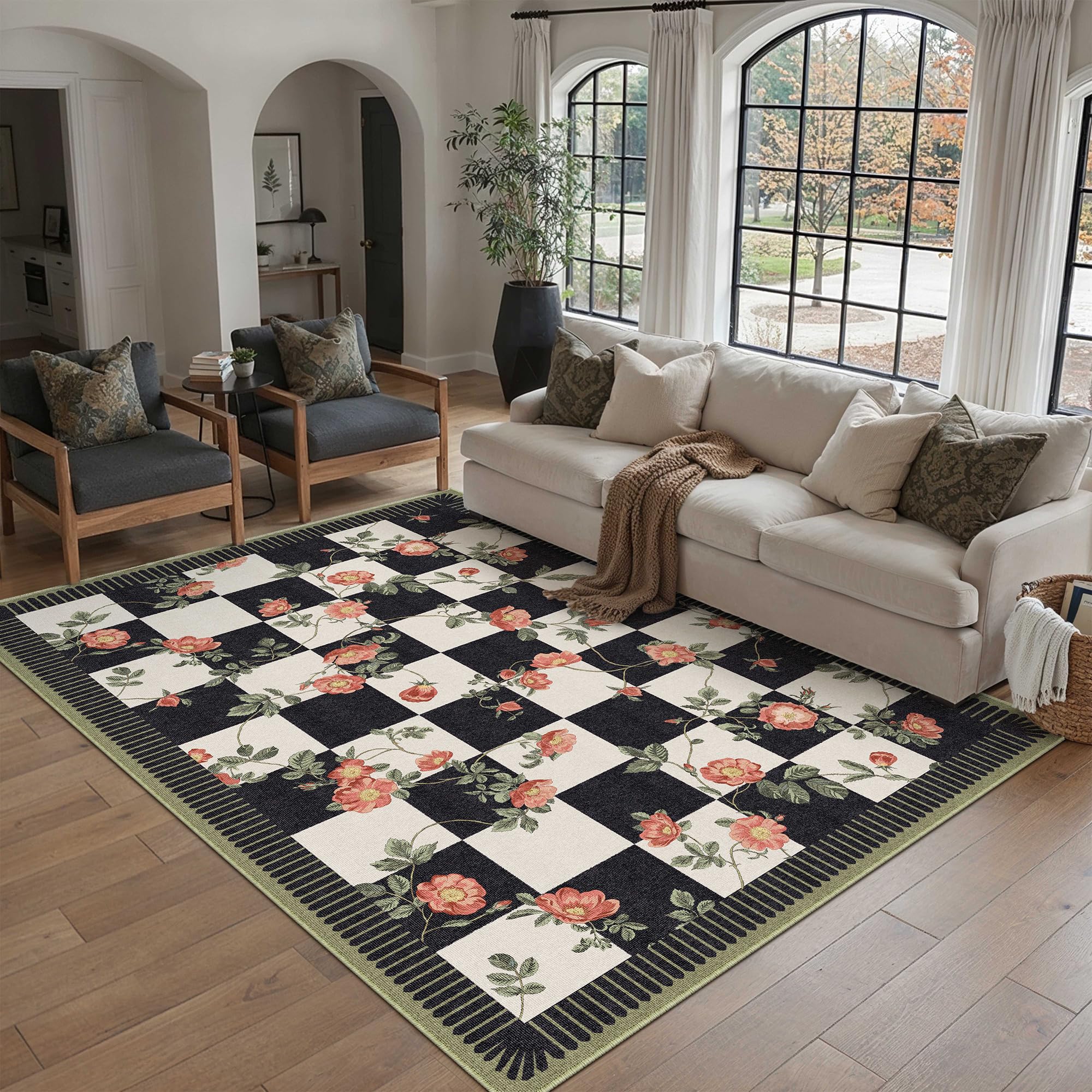 PureCozy Teppich Wohnzimmer 160x230cm Blumenmuster Blumen Kariert Waschbarer Rugs for Living Room Weich rutschfest Tepich Kurzflor Schlafzimmer Carpet Esszimmer Bedroom Teppiche Büro, Schwarz&Weiß