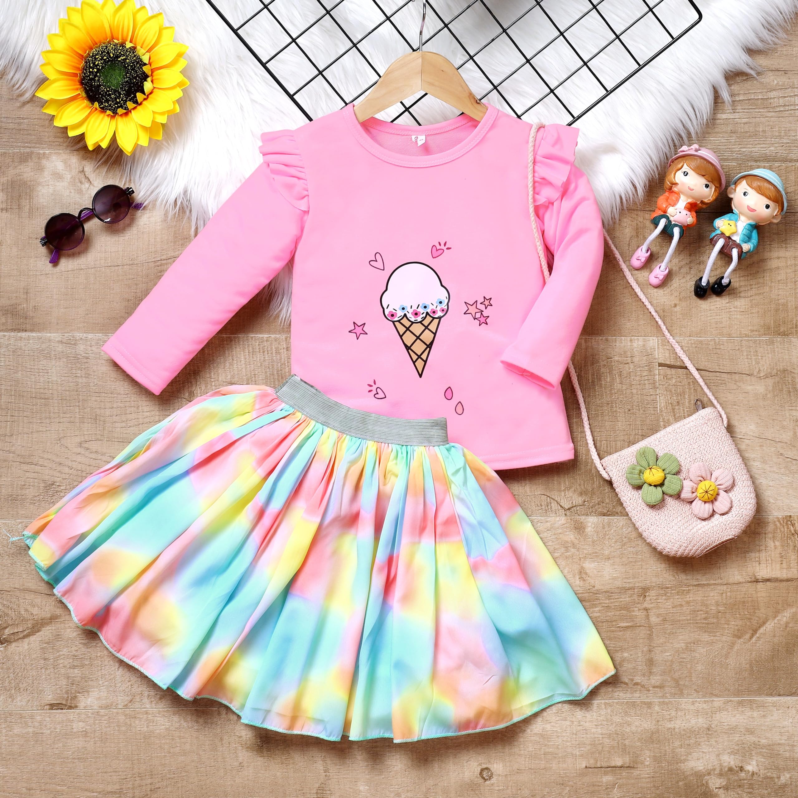 HIKUJ Set da bambina, in poliestere e cotone, a maniche lunghe, con stampa e gonna svasata, girocollo, maglietta grafica con elastico in vita, set di due pezzi
