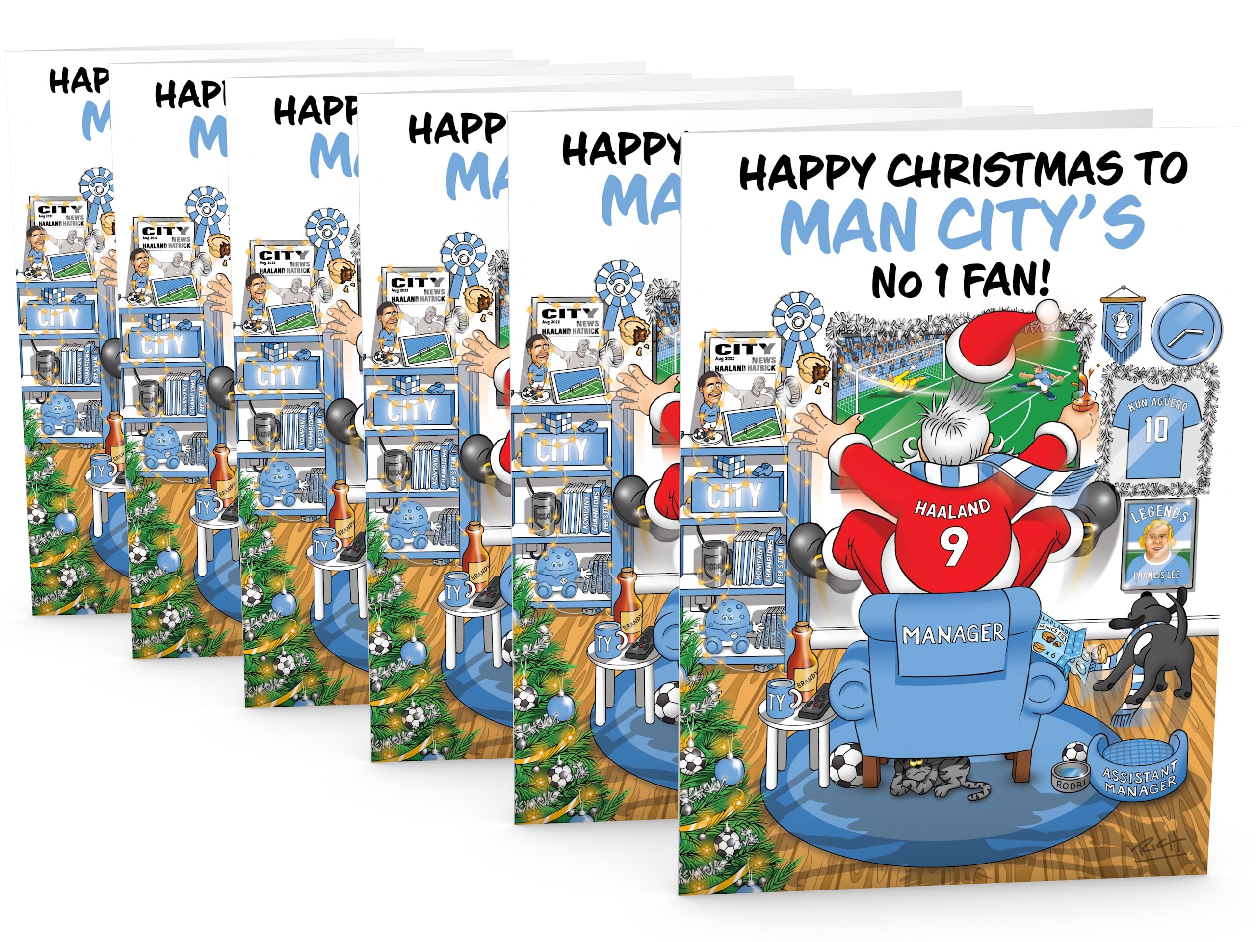 Football Christmas Card for Man City Fans Pack of 6 Cards Santa Jumping Out of Chair to Support Team Funny Rear of Card Showing Rudolph Supporting Rival Club Large A5 Made in UK