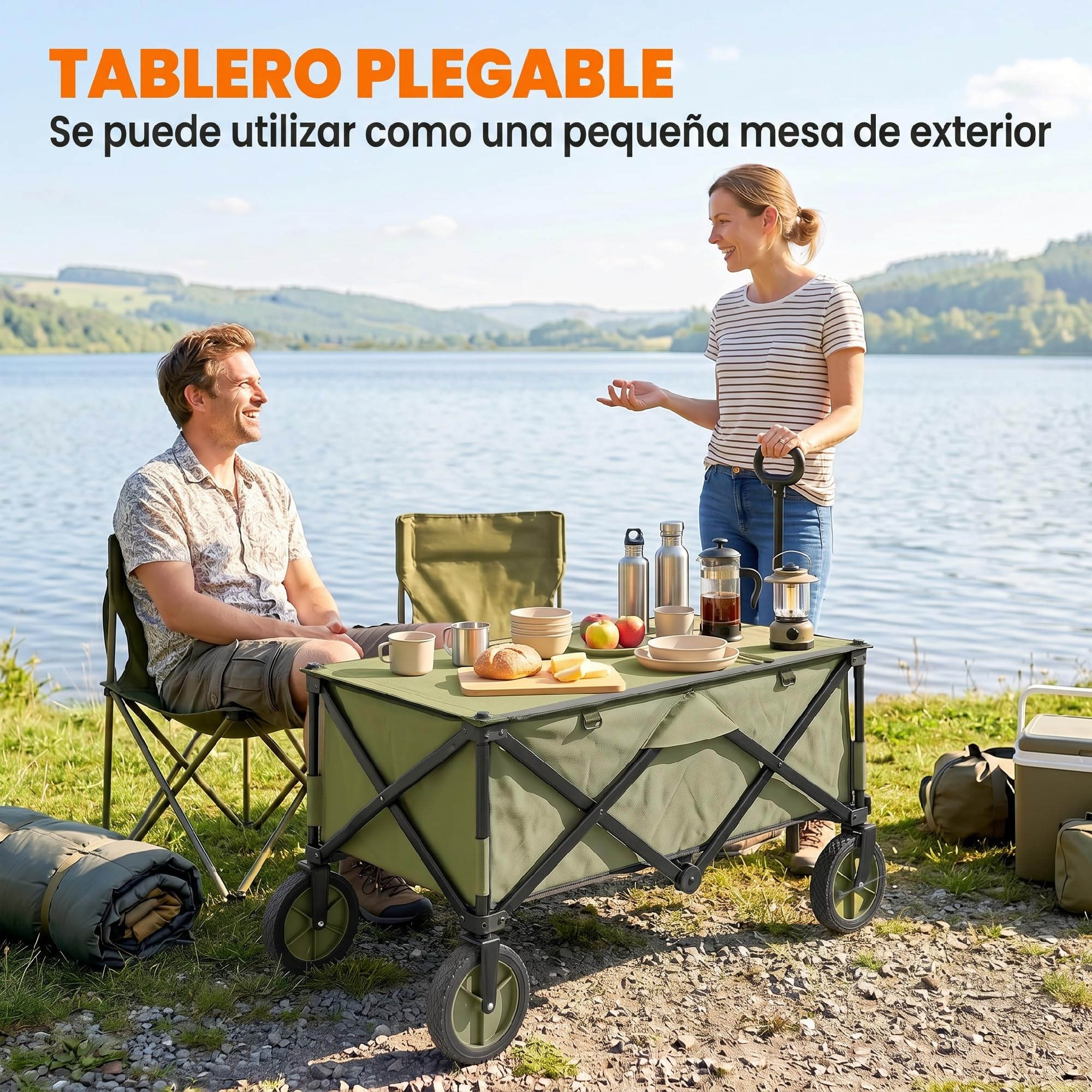 Outsunny Carro Plegable de Jardín con Ruedas Carro para Playa con Mango Telescópico Tablero Plegable 5 Bolsas Marco de Acero Carga 100 kg para Compra Patio 108x55x93 cm Verde