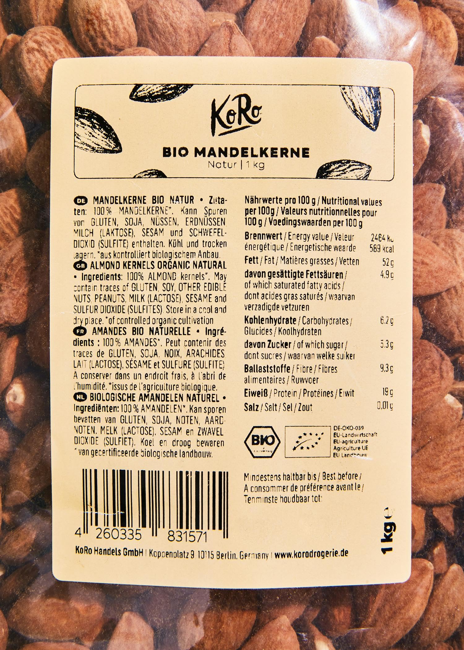 KoRo - Mandorle intere bio 1 kg - mandorle sgusciate biologiche e senza additivi, fonte di proteine vegetali, ideali come snack, per muesli, dolci e ricette salate