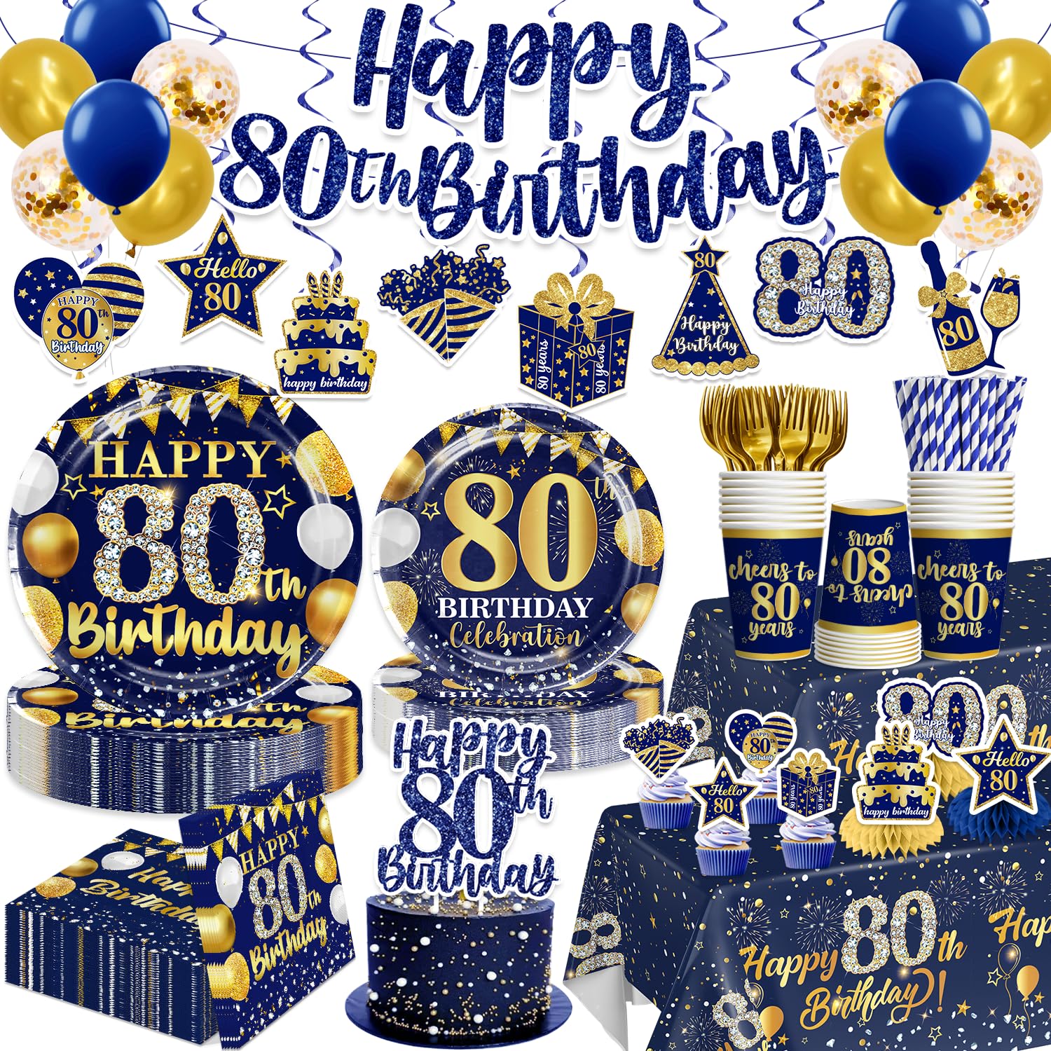 Juego de vajilla de 80 cumpleaños para hombres, decoraciones de 80 cumpleaños para hombres con platos y servilletas de 80 cumpleaños, decoraciones de cumpleaños 80 para hombres, sirve para 25