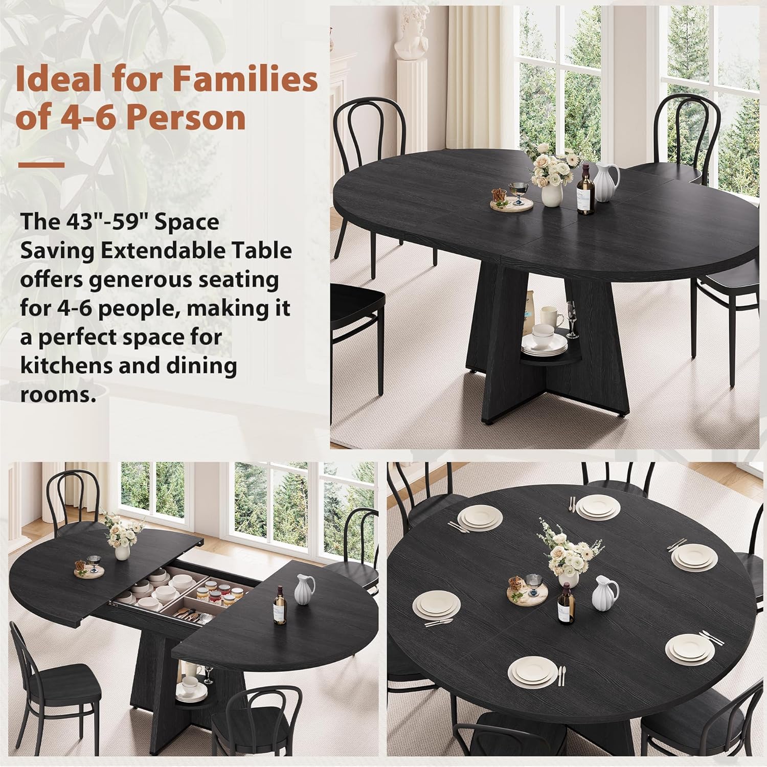 43''–59'' Extendable Dining Table, Round Kitchen Dining Room Dinner Table with for 4 6 8 People, Space Saving Modern Oval Expandale Furniture with Storage and Pedestal for Kitchen Living Room (Black)