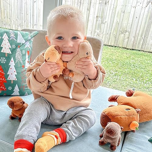 Miniatura 4 de OUOZZZ Capybara - Peluche con bebés en el interior de 14.5 pulgadas, juguetes de peluche Capybara con 4 bebés con mandarina en aguas termales,