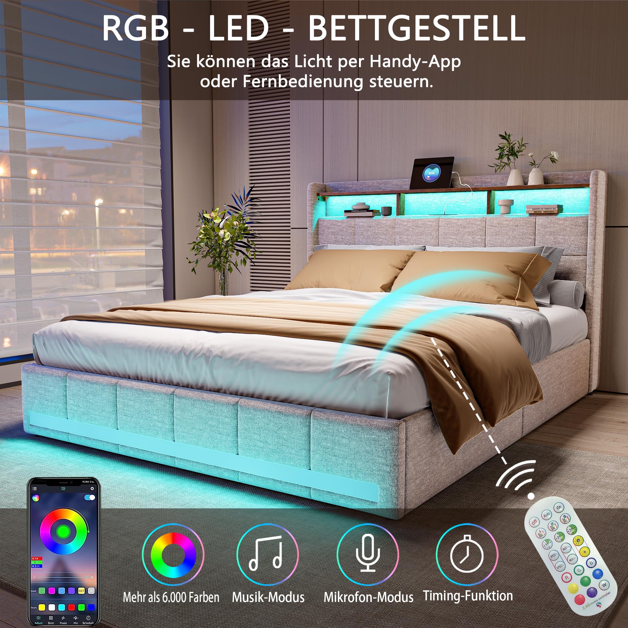 Cama tapizada para cama doble de 140 x 190 cm con 4 cajones, cama LED con conexión USB y tipo C, estructura de cama con somier, cabecero con compartimento, cama juvenil, cama de invitados, lino, beige