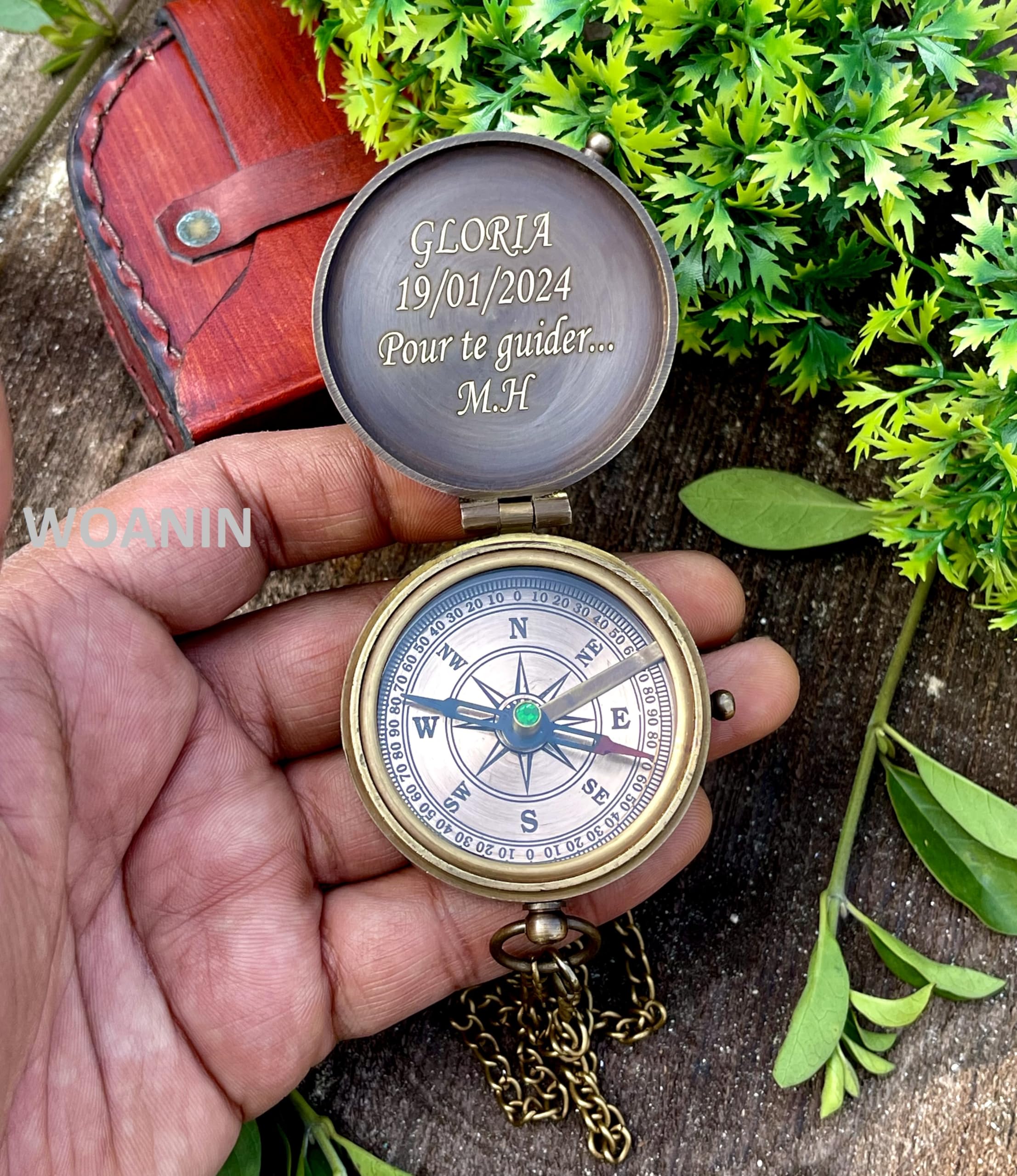 Bussola da scout per ragazzi e uomini, con incisione, con scatola in pelle, bussola da campeggio, idea regalo