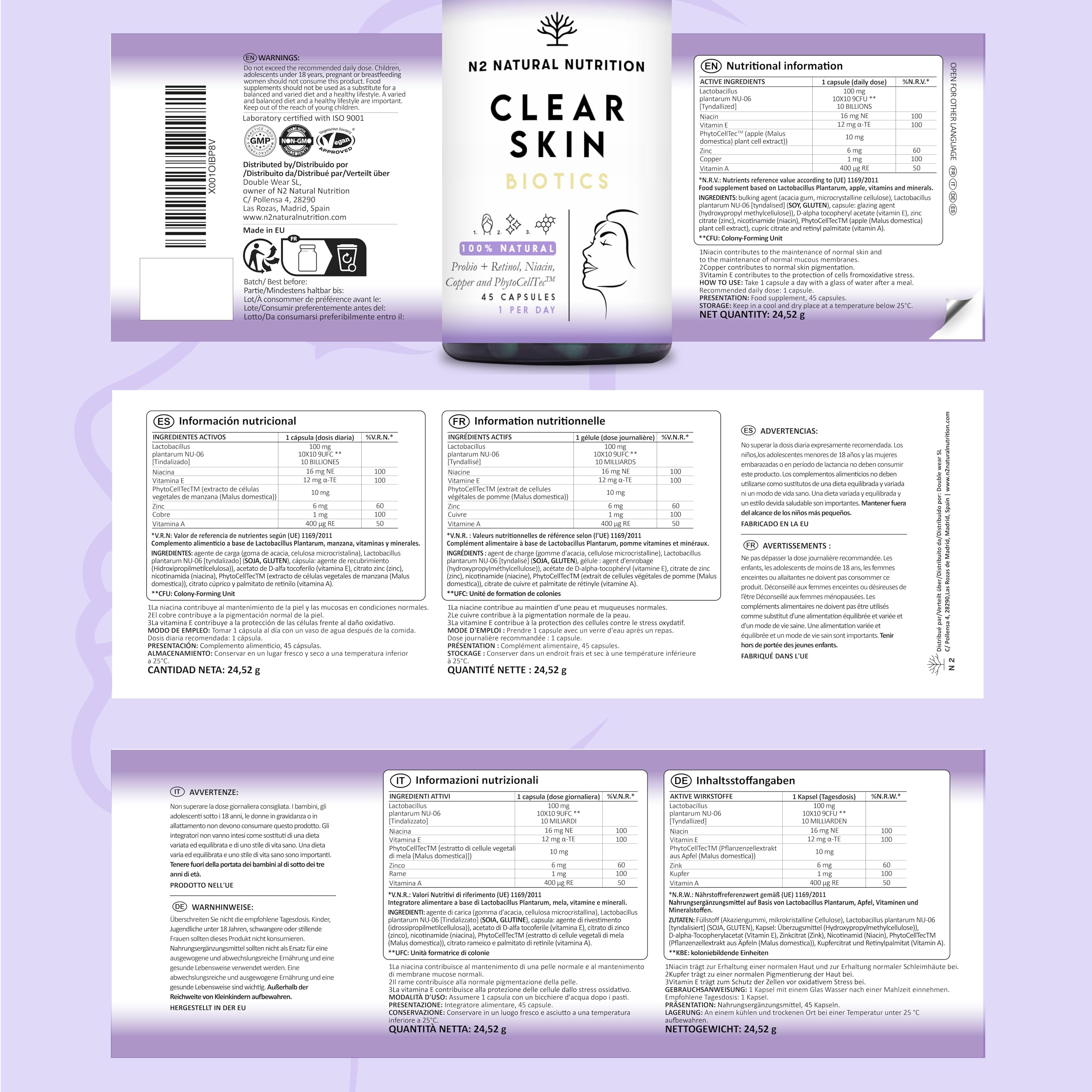 Tratamiento Natural Corrector Anti Acne, Reduce Manchas e Imperfecciones. Mejora Elasticidad, Firmeza y Luminosidad de la piel. Skincare. Zinc y Vitaminas. Probióticos con PhytoCellTec™ . CE