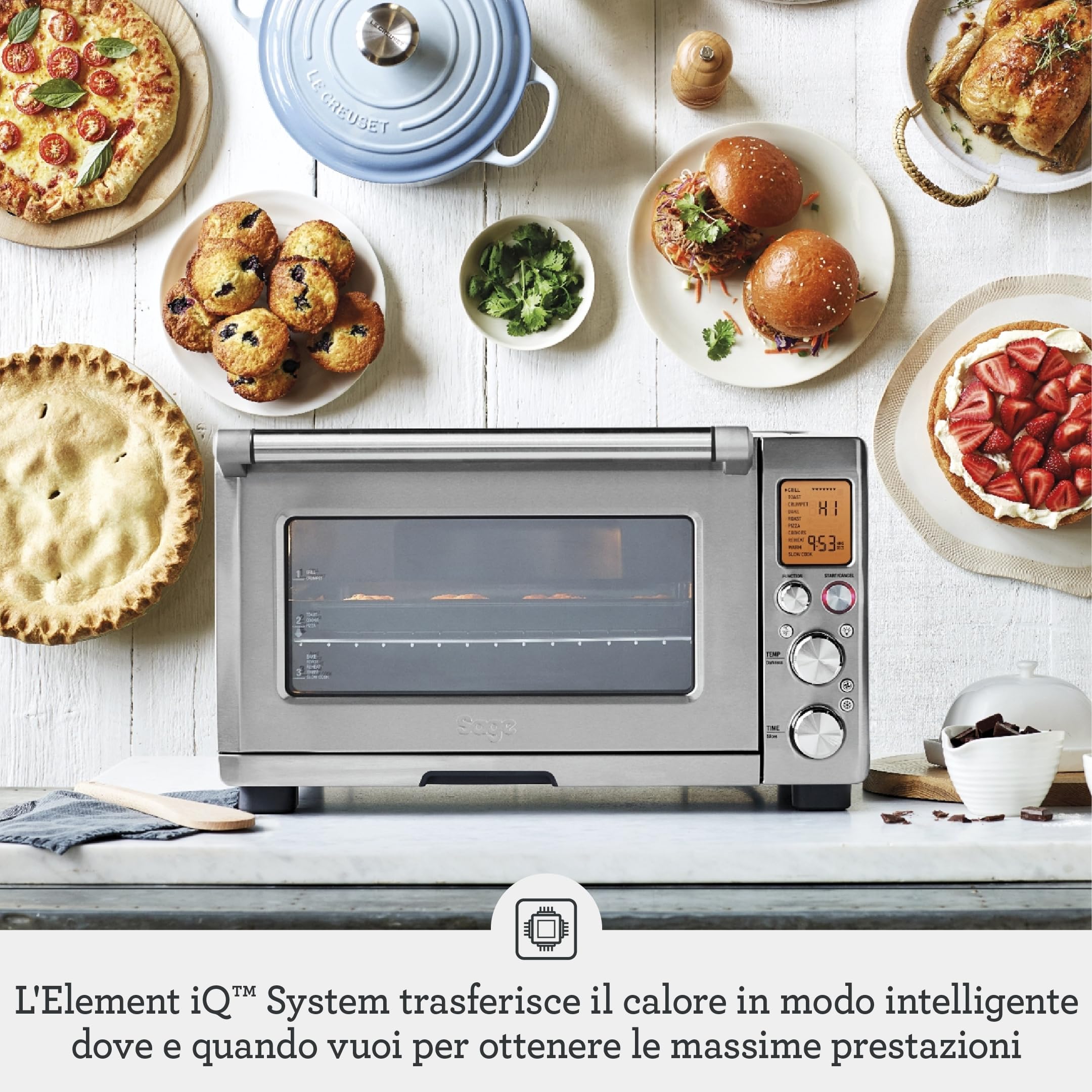 Sage - The Smart Oven Pro — Mini forno con 10 funzioni di cottura — cottura più rapida, frittura, stufatura, tostatura, riscaldamento — 2400 W, pizza da 30 cm, pollo intero — acciaio inossidabile