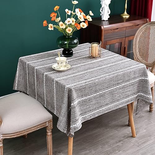 Miniatura 2 de NEWISHER Mantel cuadrado bordado rústico de jacquard a rayas, con textura de lino, lavable, para mesa de comedor, cocina, comedor, decoración del
