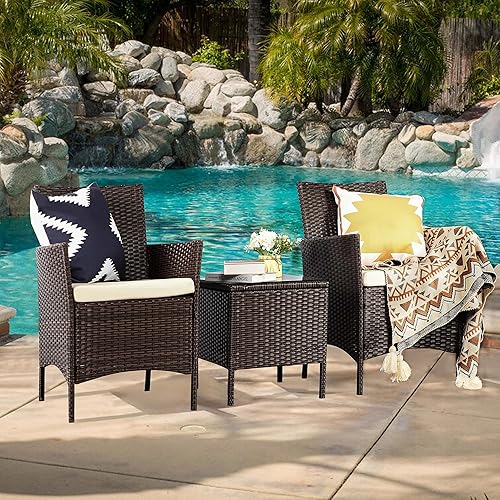 Patio Furniture Set 3 Piece, Wicker Patio Furniture Sets, Outdoor PE Rattan Furniture, Front Porch Furniture, All-Weather Patio Furniture, Balcony Furniture