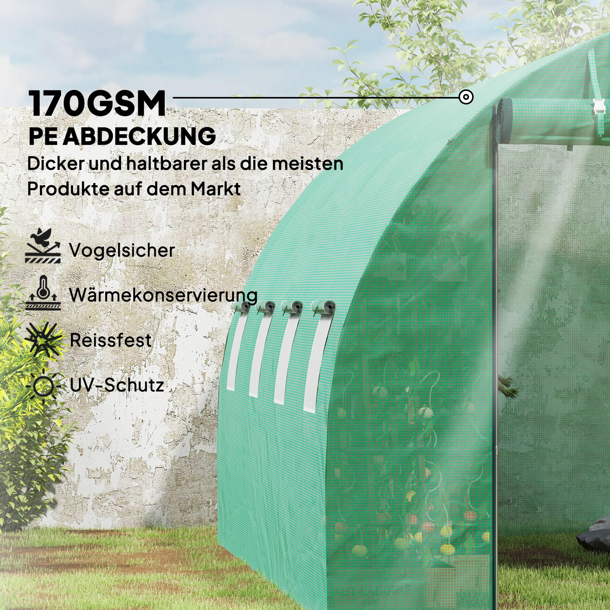 Outsunny Gewächshaus 300x400x200cm Foliengewächshaus Tomatenhaus mit Tür, 8 Fenster, Folientunnel aus verzinktem Stahl, 170g/m² PE, stabiles pflanztunnel, Treibhaus inkl. Erdanker & Seilen, Grün