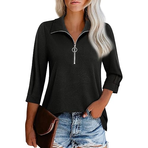 Vivilli Womens Tops Dressy Casual Summer Fall Outfts 3/4 Length Sleeve V Neck Shirts Work Blouses Zipper Collar Polo Shirts