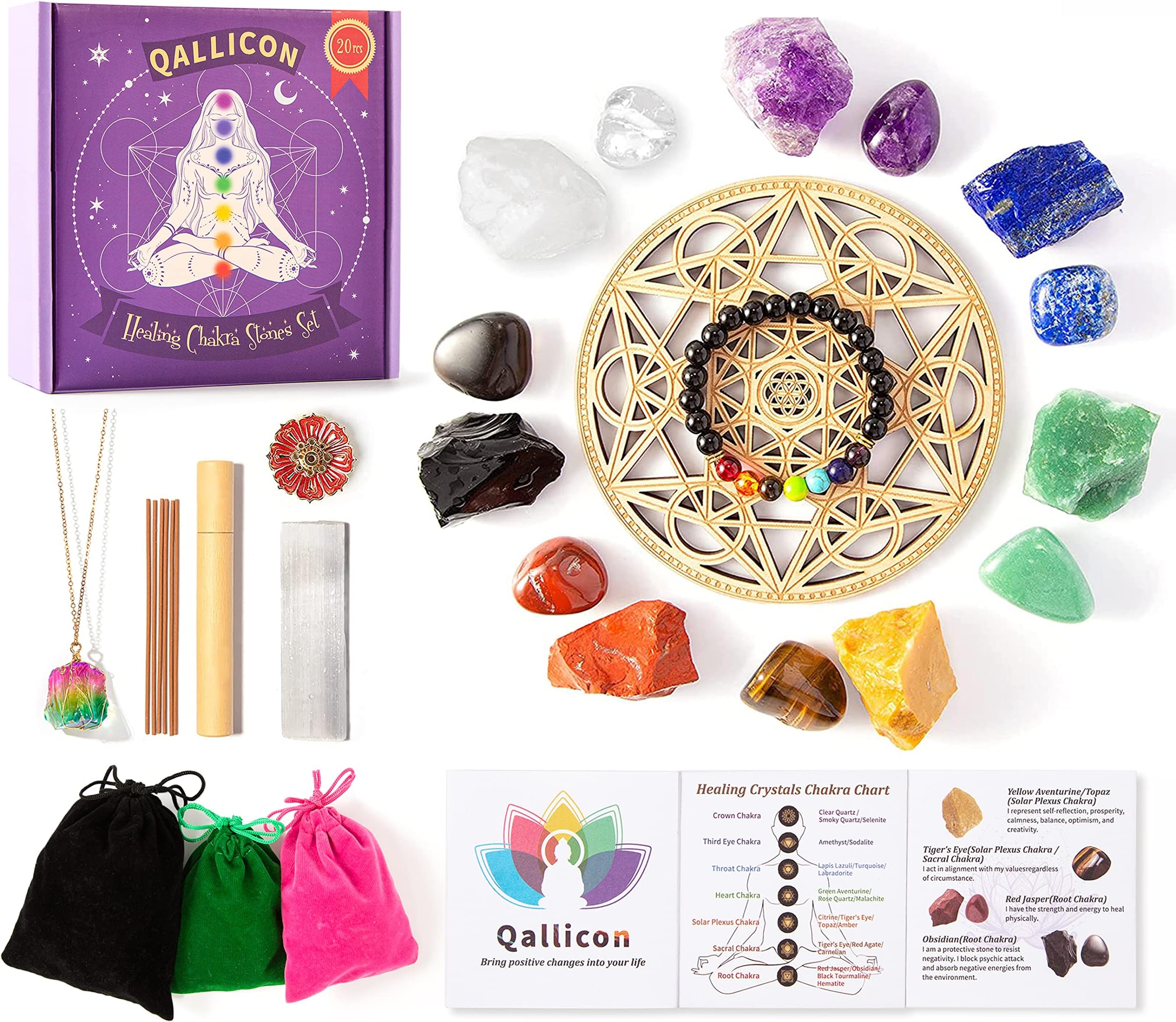 Birsppy 20Pcs Real Healing Crystals for Beginners Set, 7 Raw Chakra Stones,7 Tumbled Gemstones, Lava Bracelet, Necklace, Selenite, Reiki Crystal Grid for Meditation,Spiritual Healing, Positive Energy