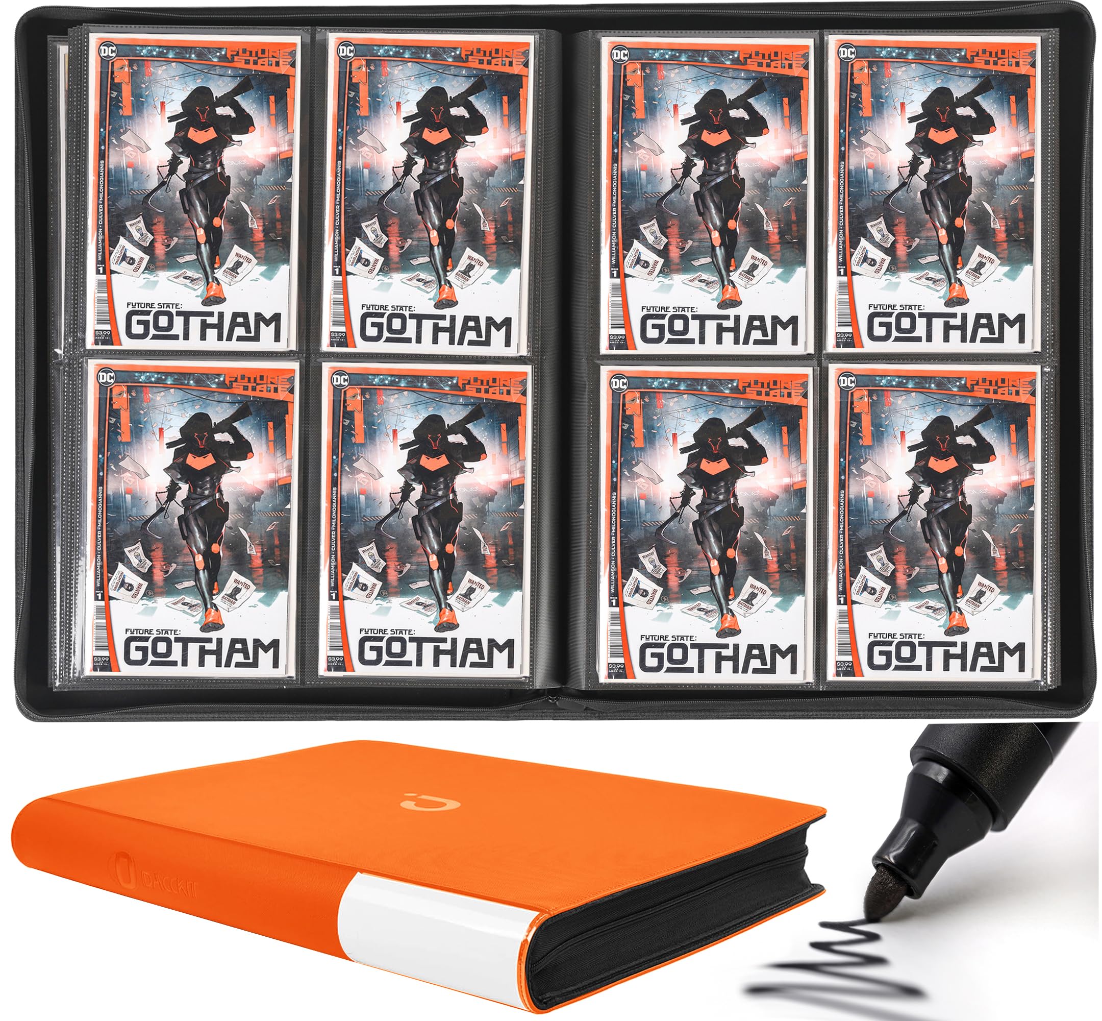 D DACCKIT Premium Comic Binder，Comic Book Album with Sleeves Fits Regular Comics and Comic Bagged and Boarded - Comic Storage Binder Holds 96 Comic Books（Model C，Brilliant Orange）