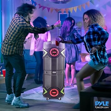 Pyle Portable Bluetooth PA Speaker - 400W Dual 8 Rechargeable Indoor/Outdoor BT Karaoke Audio System-Party Lights, LED Display, FM/AUX/MP3/USB/SD, 1/4 in,Handle, Wheels-Wireless Mic, Remote Control