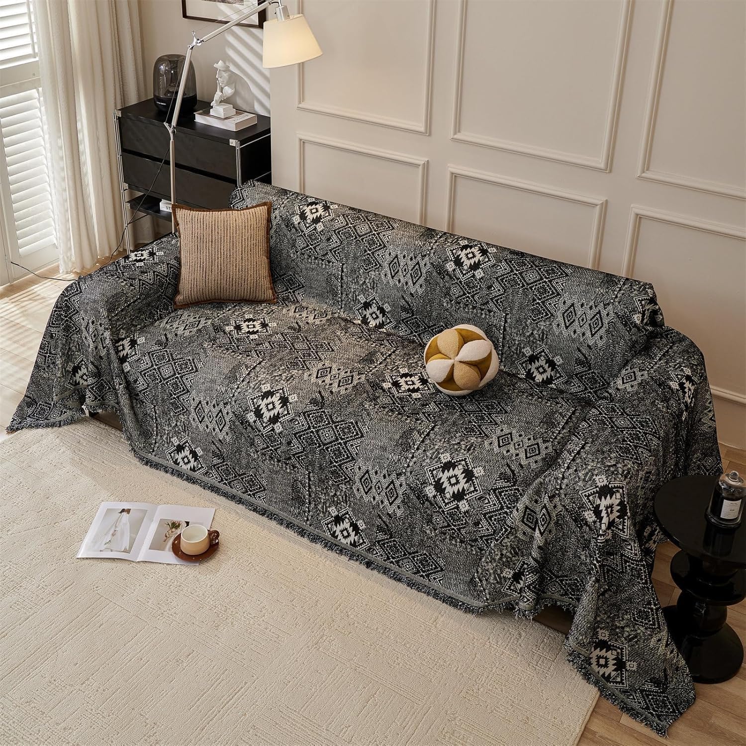 PEIHUODAN Bohemian Sofa Throws Large 1/2/3/4 Seater, Summer Blanket Throws for Settees, Cotton Non Slip Small Sofa Protective Cover, King Size Blankets for Beds (Black,180x260cm)