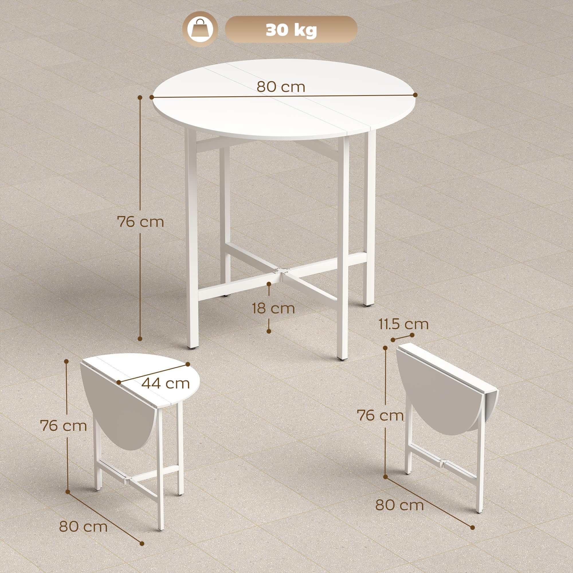 HOMCOM Tavolo da Pranzo Rotondo Pieghevole per 2-4 Persone, Ø80 cm Tavolo Cucina a Ribalta con Gambe a X in Acciaio, Salvaspazio per Soggiorno Sala da Pranzo, Bianco