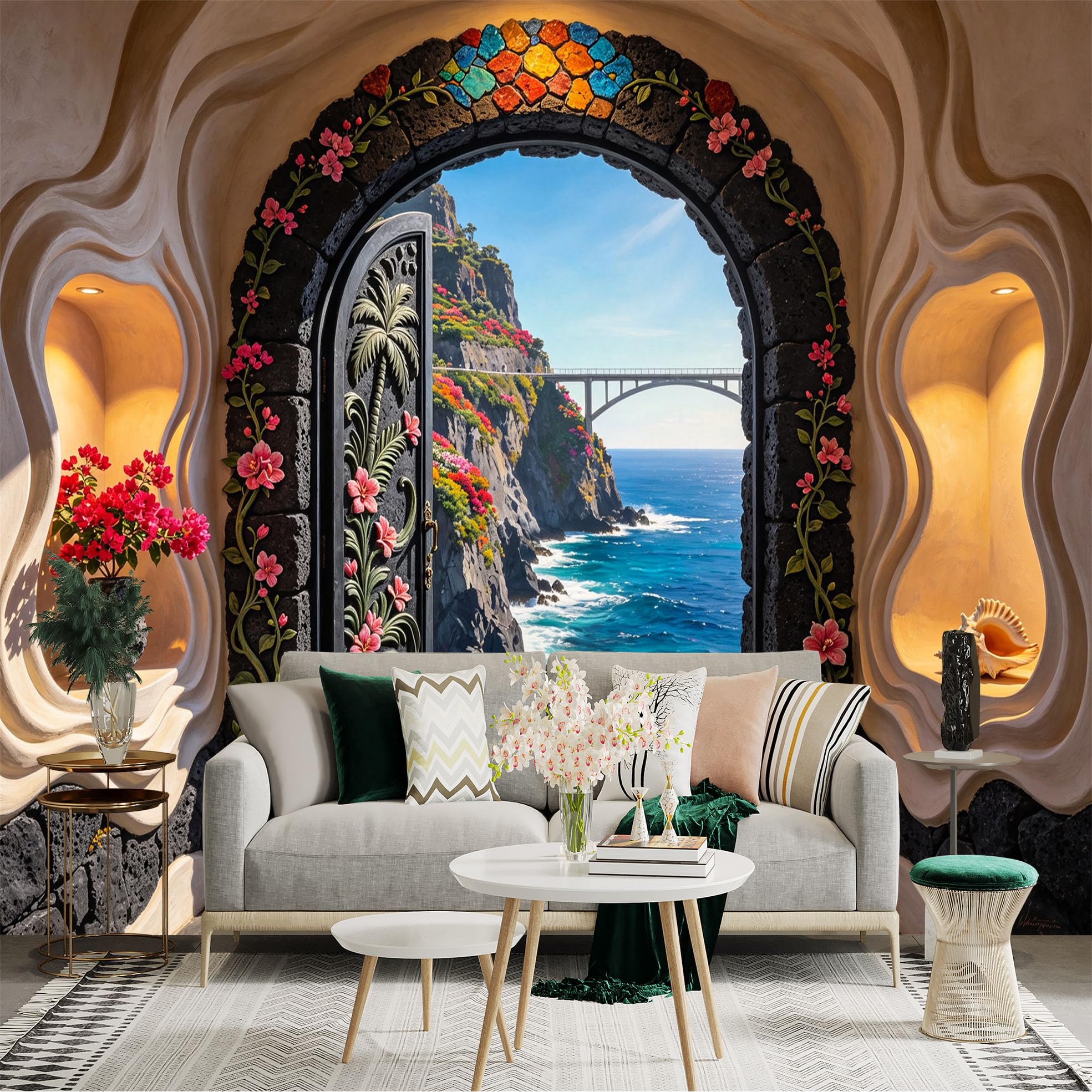 Custom Size Wall Sticker Mural， Coastal Archway Ocean Cliffs Floral Seascape， for wall Decoration， peelandstick wall Decals.