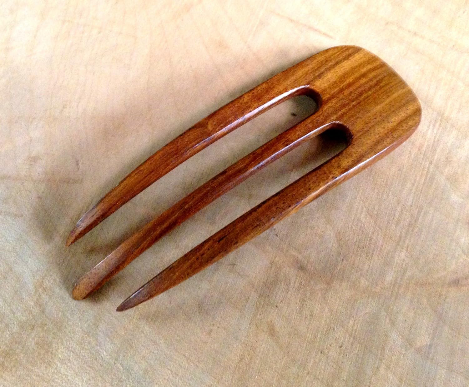 JWL (1) Rosewood Three Prong Curved 4.5 Inch Hair Stick Pick Pic Pin Fork - Hawaiian Style