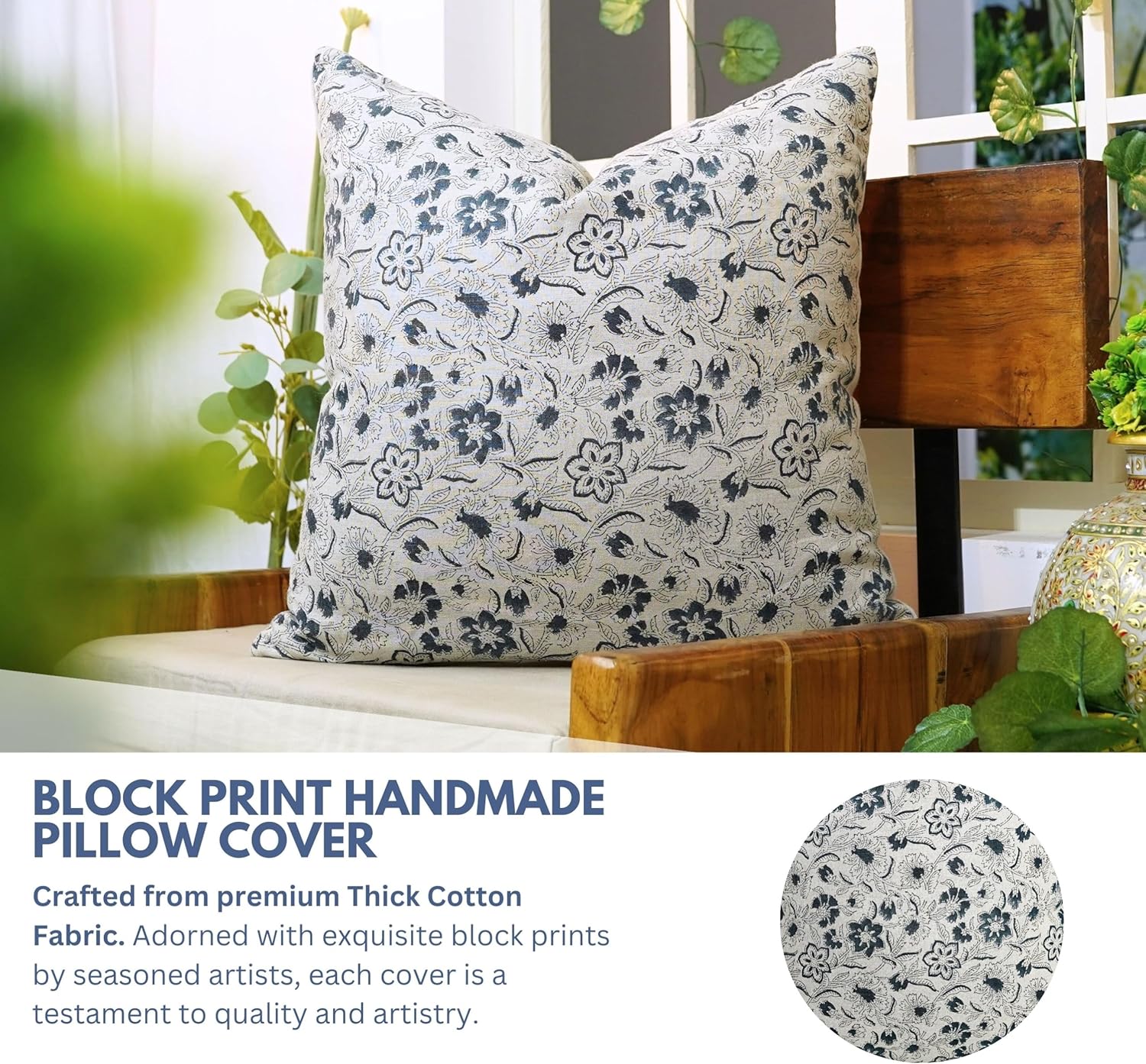 Handmade Pure Linen 22"X22" Block Print Throw Pillow Case Cushion Cover for Sofa, Couch, Fall Decoration, Farmhouse, Outdoor, Living Room, Boho Home Décor, Jarul, Blue