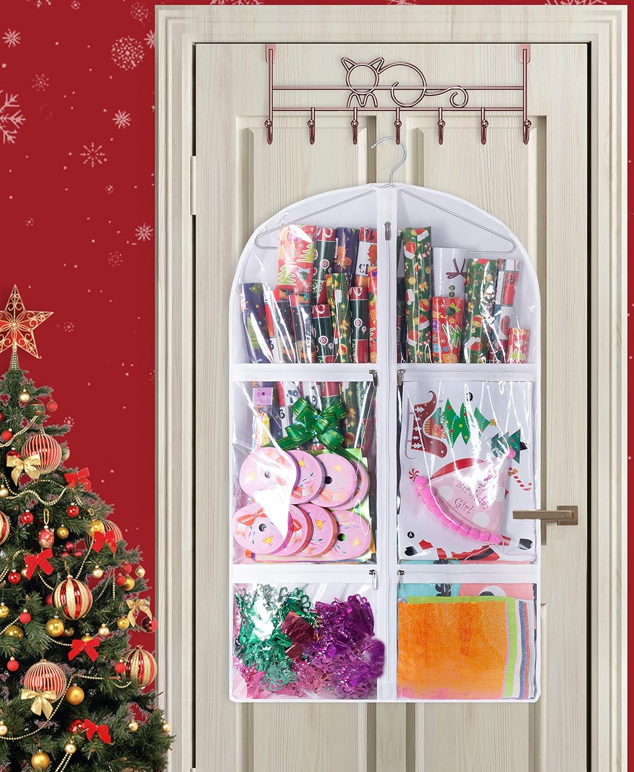 KIMBORA Double Sided Wrapping Paper Holder 4.4" Gusseted Gift Organizer Storage with 5 Large Pockets for Gift Wrap Bags Ribbons Bows Closet, White: Home & Kitchen