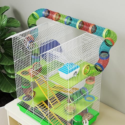 Vista 17 de PawHut - Jaula para hámster de 5 niveles, con ruedas para hacer ejercicio, botellas de agua y escalera, color azul