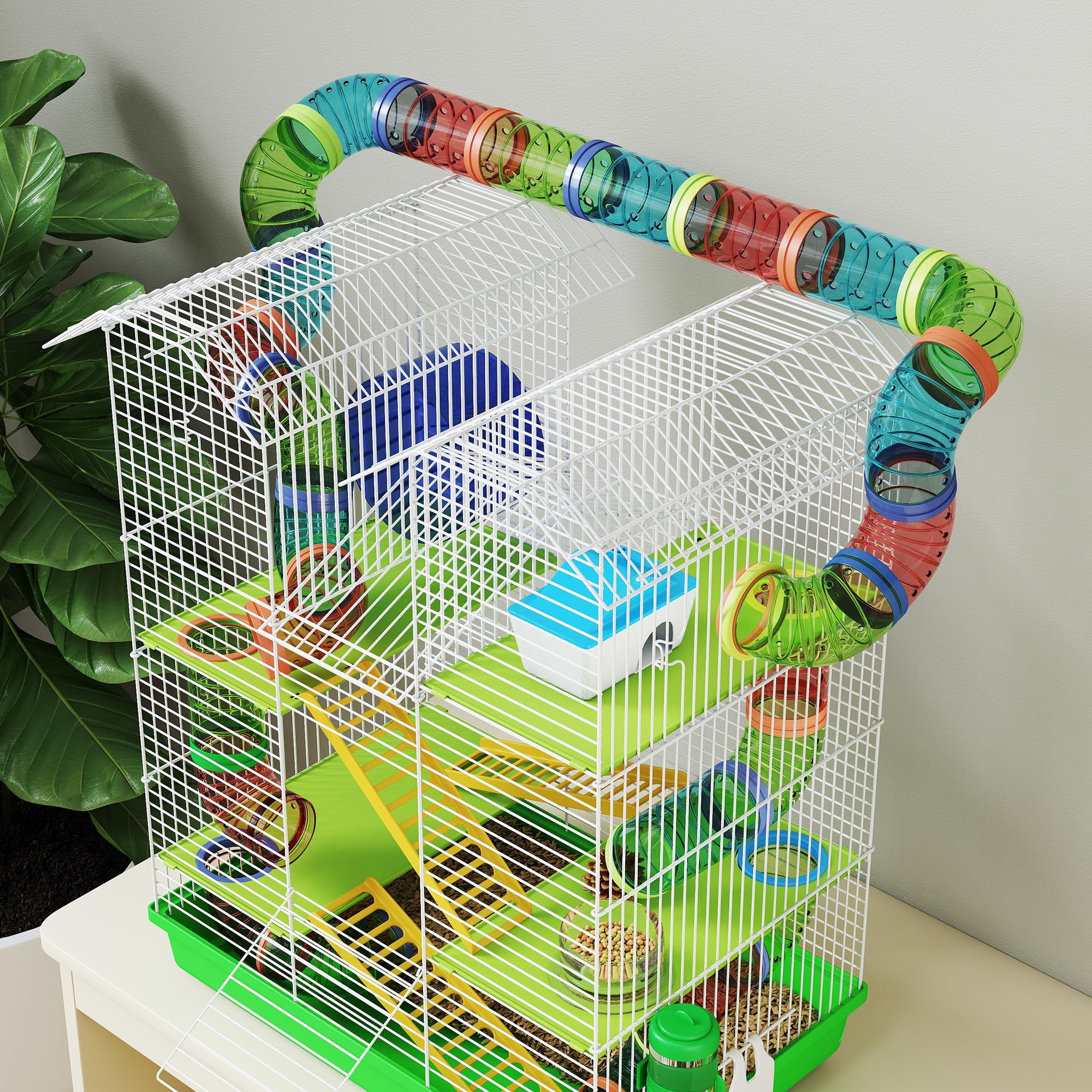 PawHut Cage pour Hamster Souris Petit Animaux Rongeur avec Tunnel Mangeoire Roue Jouet 47 x 30 x 59 cm Vert