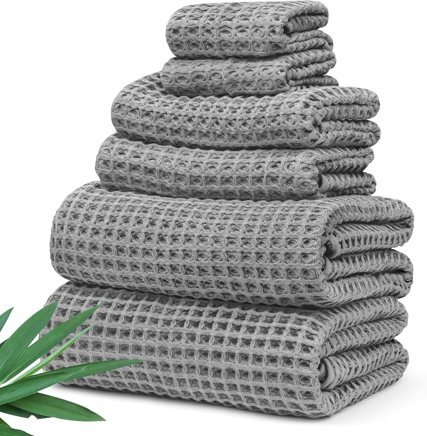 Ultra Soft Viscose from Bamboo Waffle Towels - Lightweight Bath Towel Set of 6 - Compact, Quick Dry & Lint Free (Eucalyptus Green)