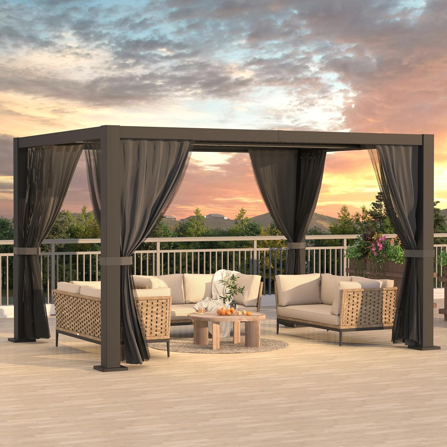 10' ×13' Aluminum Louvered Pergola, Outdoor Pergola with Curtains & Netting, Outdoor Hardtop Gazebo with Adjustable Roof, All-Weather Metal Pergola for Patio, Garden, Deck (Black with Curtain)