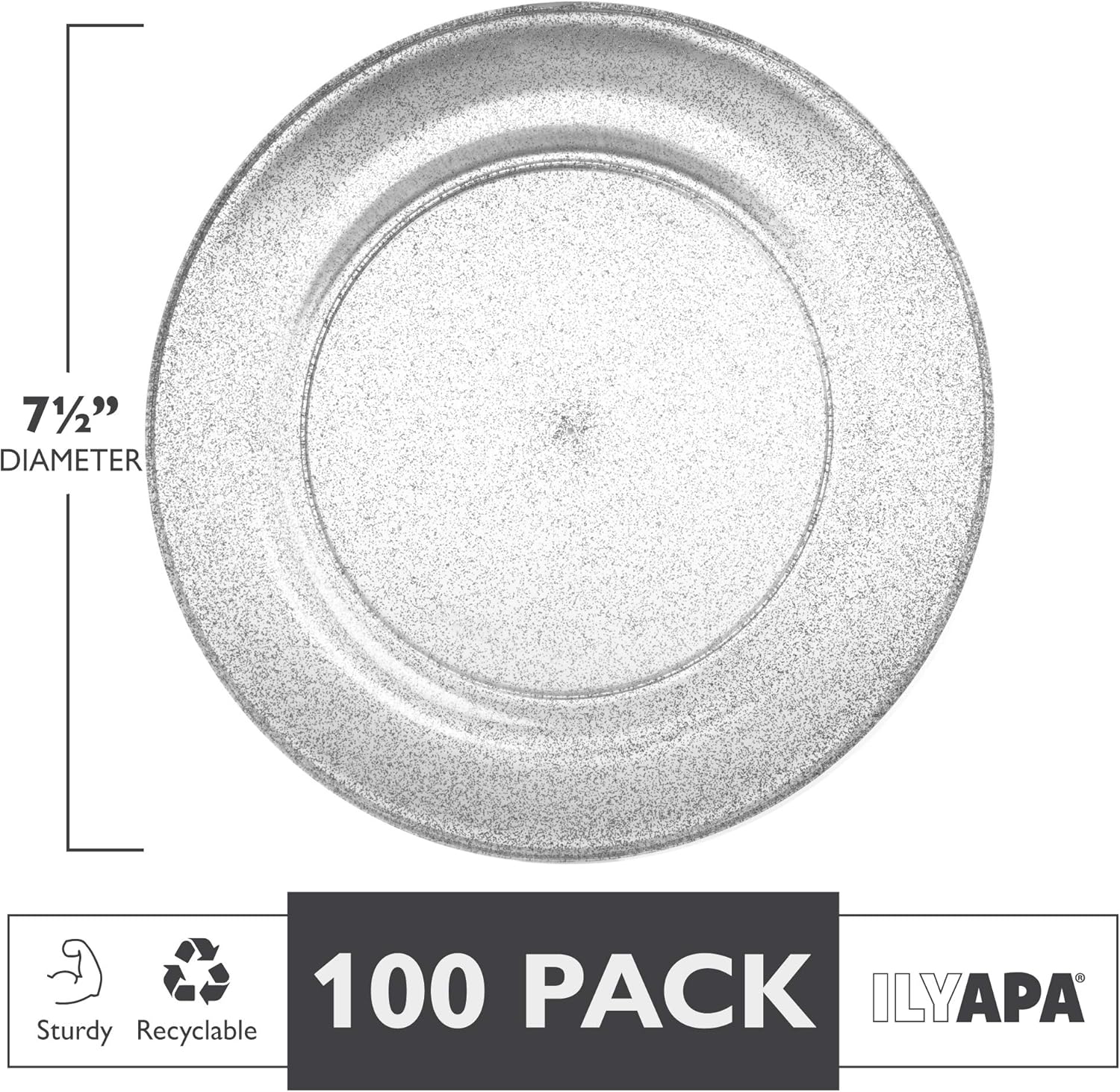 Ilyapa 100 Pack 7 Inch Disposable Dessert Plates, Plastic Clear Party Plate Sets for 100 Guests, Clear Appetizer and Cake Plates 7", Party & Dinner Accessories, Silver Glitter - Image 2