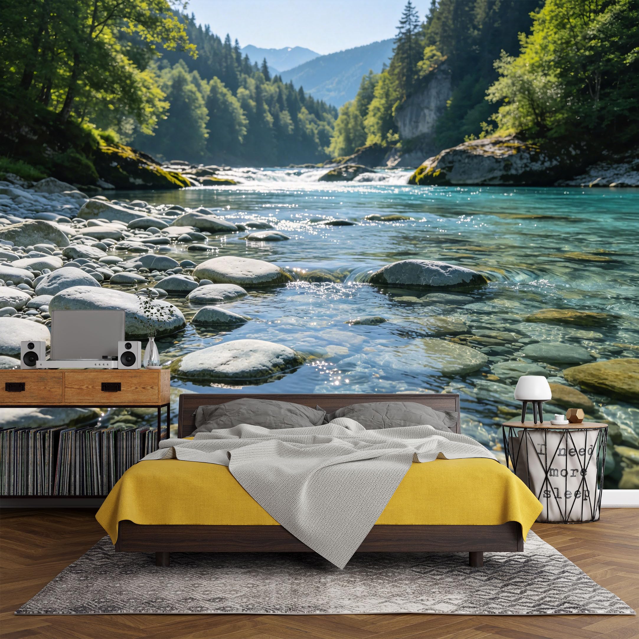 Custom Size Wall Mural， Mountain Lake River Pebbles Clear Water Landscape Nature Scenic View，SelfAdhesive Art Prints wall Fabric (No PVC) Removable Wallpaper Living Room Decor