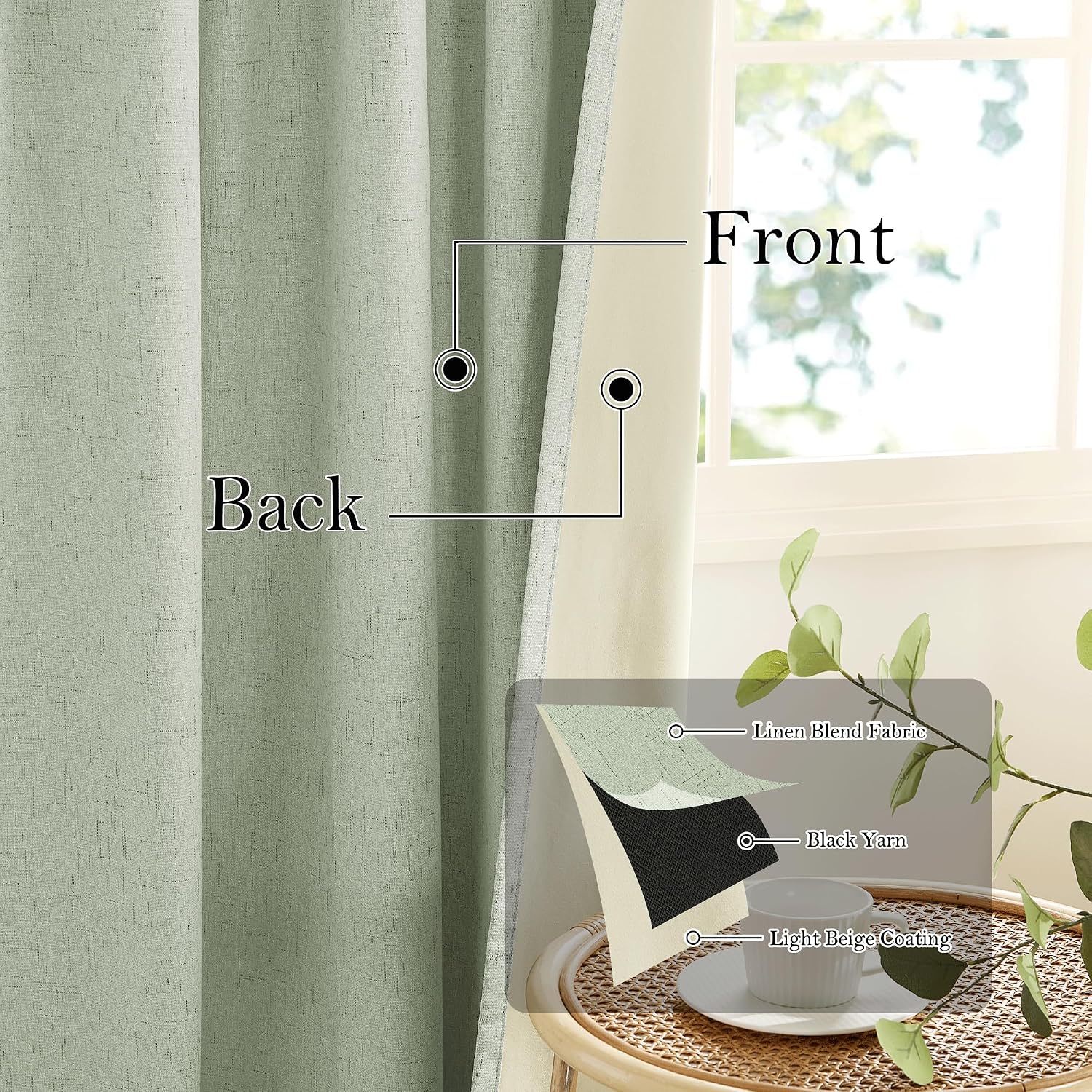 RYB HOME 100% Blackout Sage Green Linen Curtains, Light & Heat Blocking Thermal Privacy Protection Neutral Window Drapes for Living Room Bedroom, 52" W x 84" L, 2 Panels Set image 3