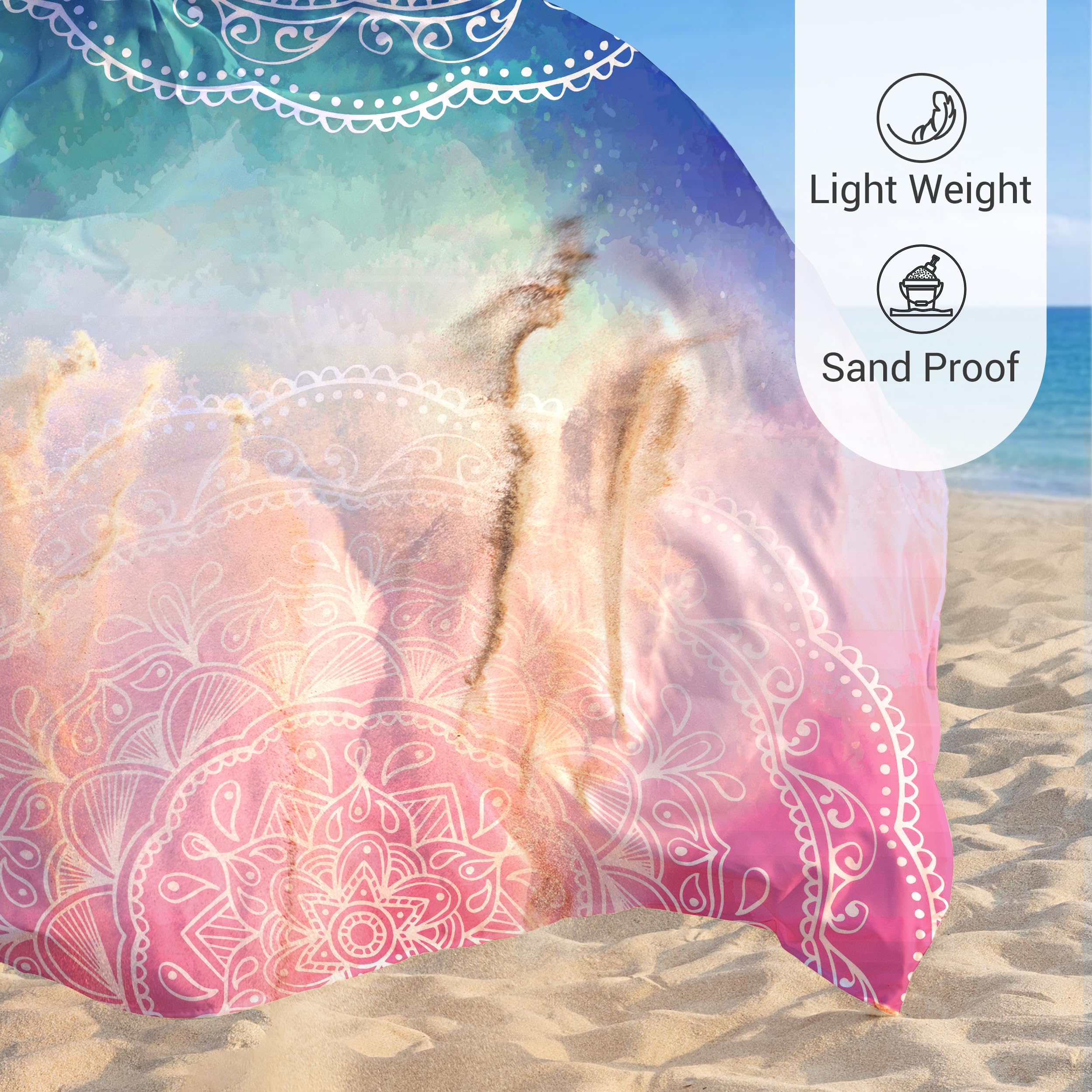 Coperta da Spiaggia Morbida e setosa, Senza Sabbia, con Tasche angolari, 213x185cm, Borsa a Rete, per Feste in Spiaggia, Viaggi, Campeggio e Festival Musicali, Motivo a Righe Blu e Rosa