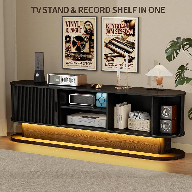 DHH 70" Fluted TV Stand with Power Outlet for TVs up to 80", Mid Century Modern TV Console with LED Lights and Storage,Entertainment Center with Sliding Door for Living Room Bedroom(Black) image 6