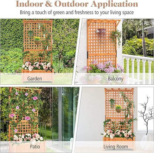 Miniatura 8 de Safstar - Cama de jardín elevada con enrejado, caja de maceta elevada de madera con techo colgante y enrejado de escalada, 4 agujeros de drenaje,