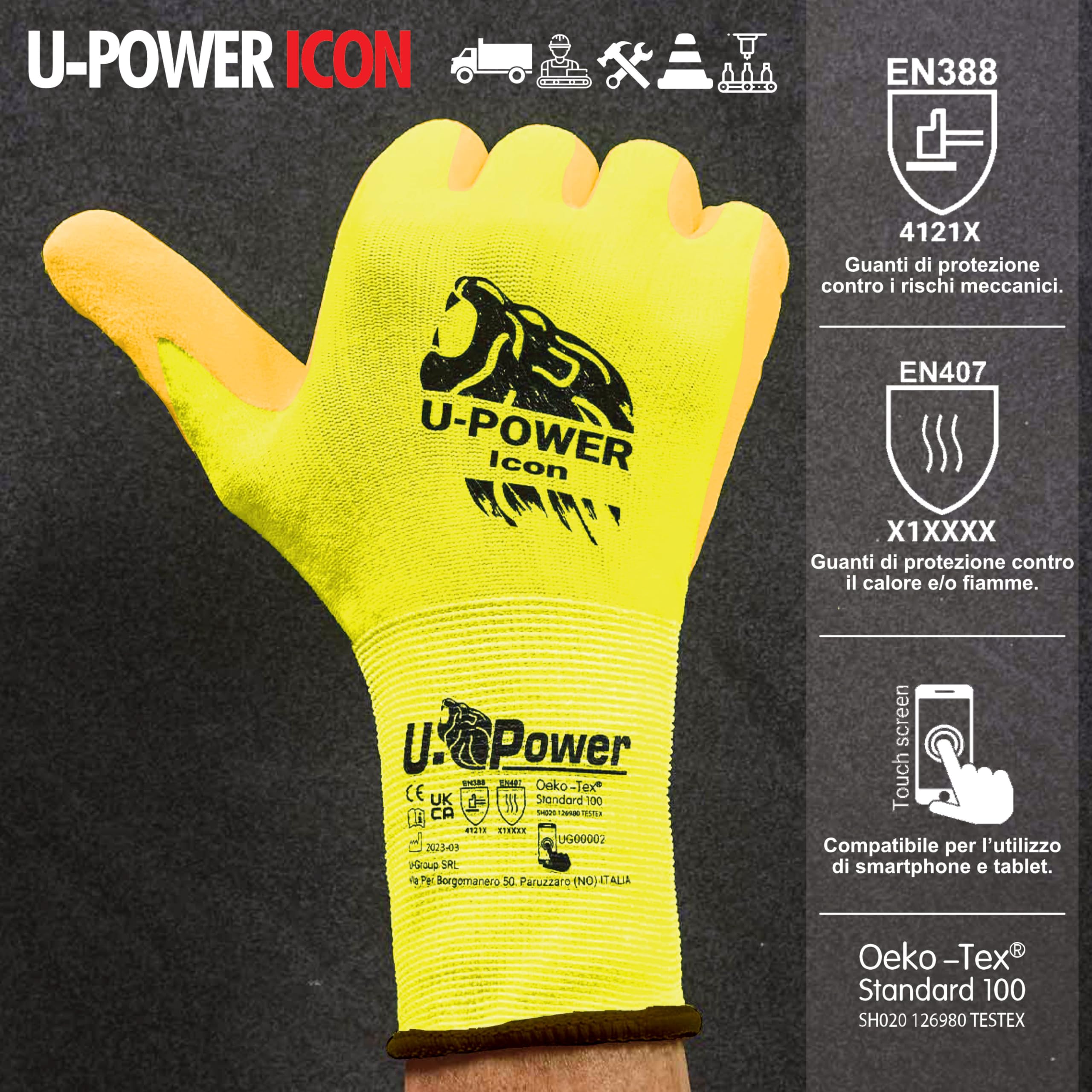 U-Power Icon Guanti Da Lavoro Antifortunistica Supporto Nylon Spandex Elasticizzato Spalmatura Nitrile Sabbiato Touchscreen Protezione Rischi Meccanici Termici Verde 10/XL 12 Pz