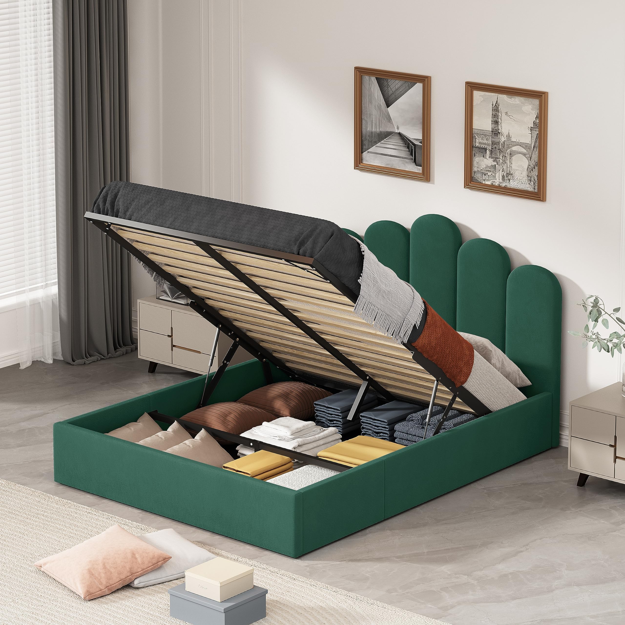 QNZK Full Size Lift Up Bed with Storage Underneath, Velvet Upholstered Platform Bed with Modern Headboard, Hydraulic Support, Sturdy Wooden Slats, No